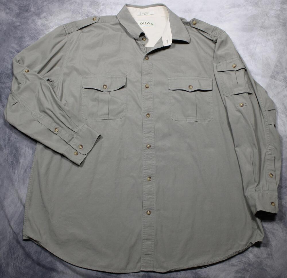 Orvis Shirt Mens 2XLT Gray Safari Button Front Long Sleeve Outdoor Fishing